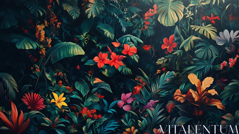 Tropical floral composition with luminous blooms on dark background