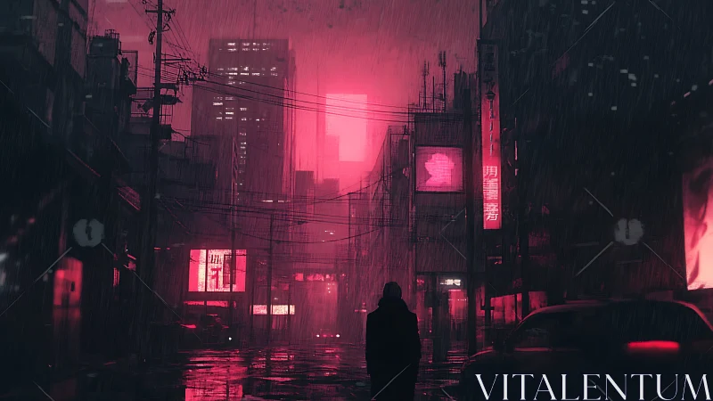 Silhouette walks neon city street under heavy night rain