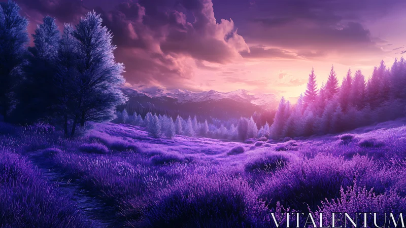 Infrared-style alpine meadow at sunset with violet foliage