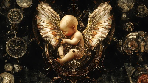 Winged clockwork infant curls inside a glowing mechanical womb