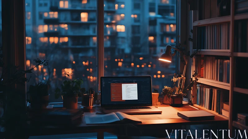 Laptop workspace glows under warm lamp against dusk city lights