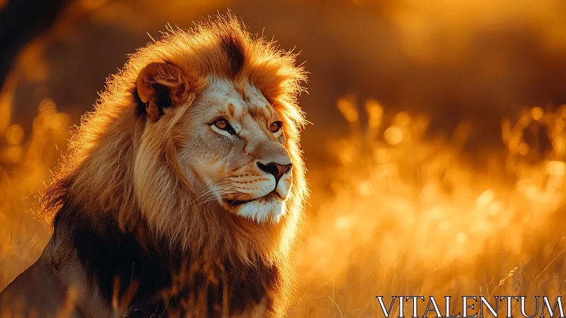 Male lion gazes across golden savanna at sunset light