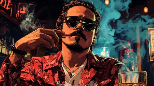 Man in patterned shirt at bar counter with smoke and drink.