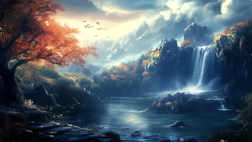 High dynamic range fantasy valley with cascaded waterfall lighting