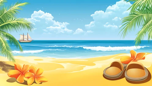 Tropical beach illustration with sandals, flowers and sailboat.