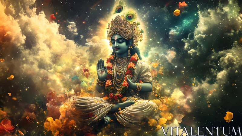 Celestial blue deity resting in clouds of light and petals.