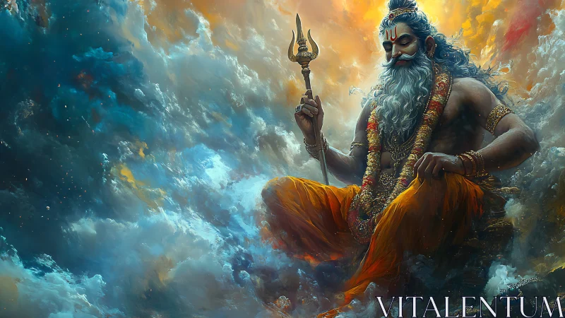 Storm-bright celestial sage resting within painted clouds.