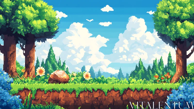 Pixel art landscape with massive trees, flowers, and layered terrain