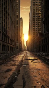 Golden sunrise warming an empty, timeworn city street.