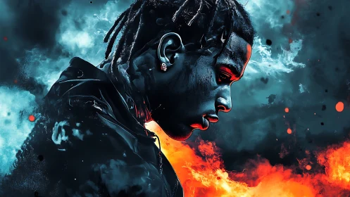 Profile portrait of brooding man amid fire and smoke