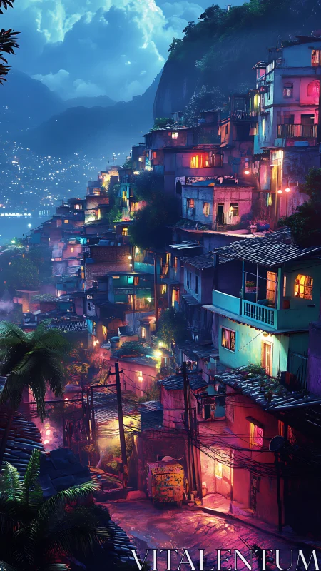 Hillside favela nightscape in neon chromatic urban glow.