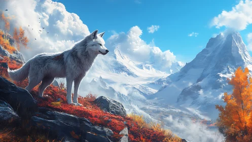 White wolf on rocky slope before distant snowy mountains.