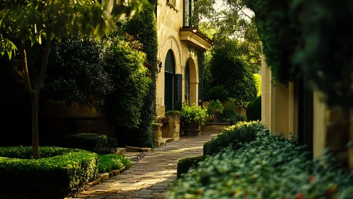 Sun-drenched garden walkway embracing a quiet villa facade.