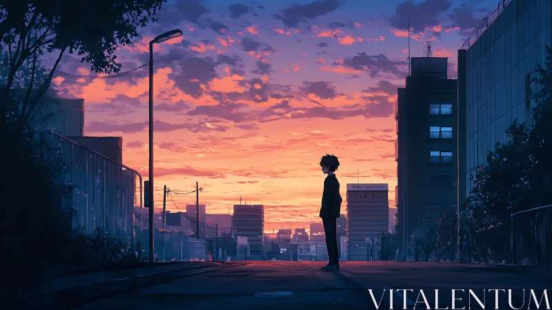 Silhouetted youth on urban street under orange dusk sky.