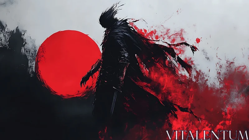 Lone dark warrior before red sun in abstract bloodstorm.