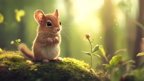 Tiny forest mouse pausing in a sunlit, magical clearing.