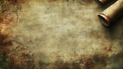 Weathered parchment backdrop with curled ancient scrolls.