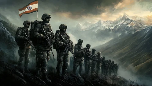 Line of armed soldiers advances along rugged mountain ridge