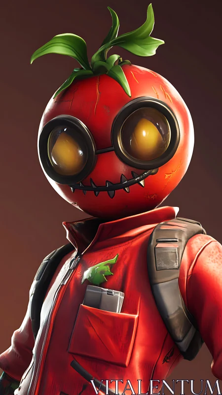 3D tomato-headed adventurer in red jumpsuit portrait.