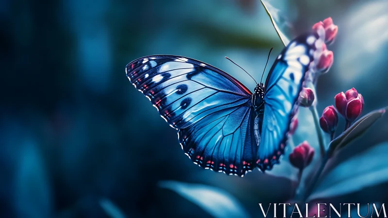 Blue butterfly rests on red flower buds in soft twilight