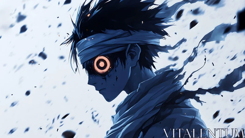 Bandaged seer in swirling blue ash with burning spiral gaze.