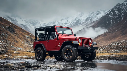 Red offroad jeep dominates rugged alpine mountain pass.