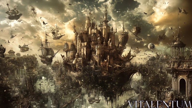 Floating fortress city with airborne ships and dense skyline.