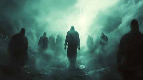 Hooded figures emerging from eerie green fog at night.
