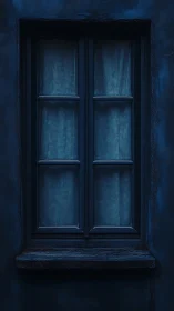 Nocturnal close-up of blue-painted wooden sash window fa&ccedil;ade