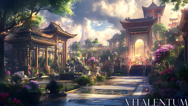 Sunlit imperial garden courtyard in lush blossom.