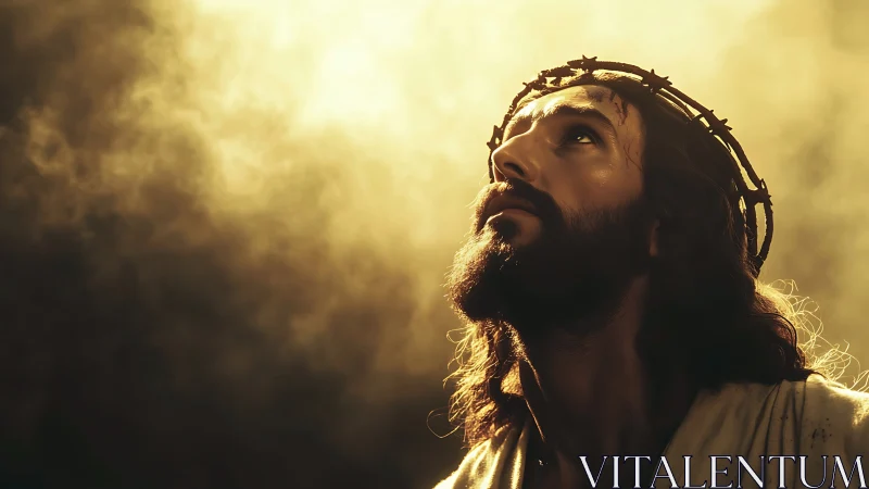 Male figure with thorn crown looks upward into directional light