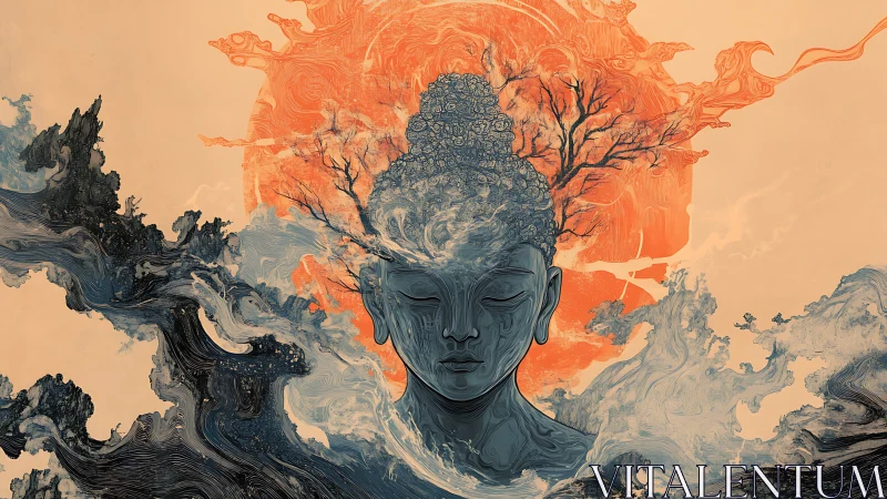 Meditating Buddha head merges with abstract waves and trees