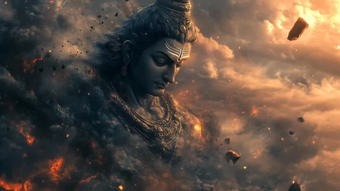 Divine stone colossus in incandescent storm cloud composition.