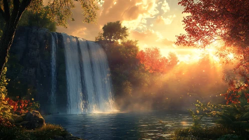 Sunlit autumn waterfall framed by glowing forest mist.