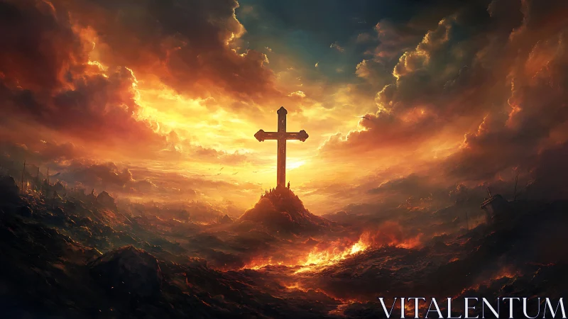 Cross on volcanic ridge under intense sunset sky.