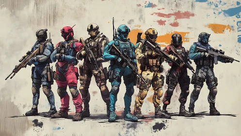 Chromatic strike squad stands ready in stylized battle armor.