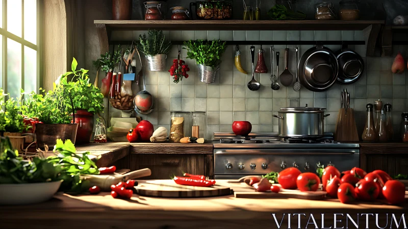 Sunlit rustic kitchen celebrates fresh vegetables in preparation