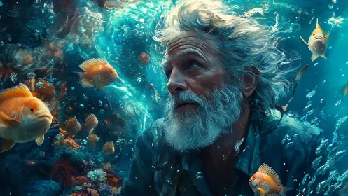 Elderly bearded diver surrounded by bright orange fish.