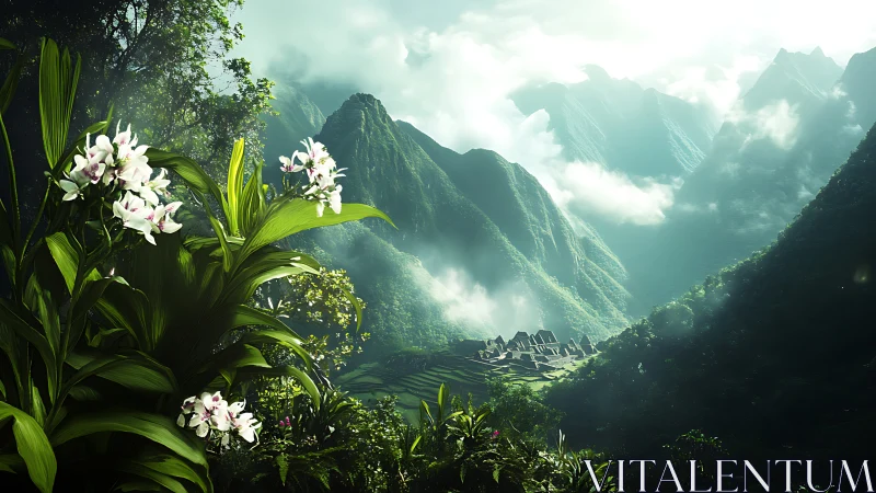 Photorealistic orchid foreground with misted Andean citadel vista.