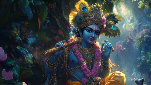 Blue-hued divine musician in luminously rendered forest grove.