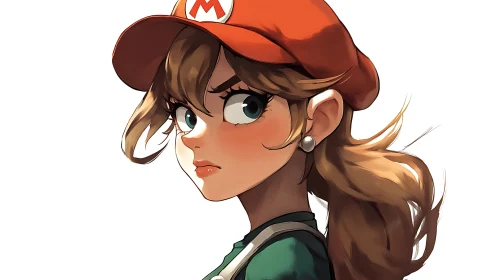 Female character in red cap and green outfit, side profile.