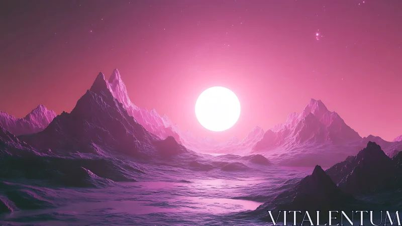 Radiant alien sunrise bathes dreamy violet mountains in light