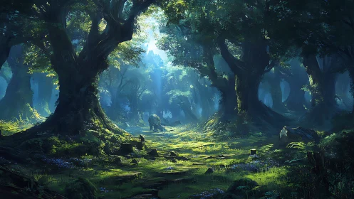 Sunlit forest corridor with ancient trees and moss ground