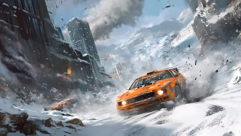 Digital painting of orange rally car in tilted snowbound cityscape.
