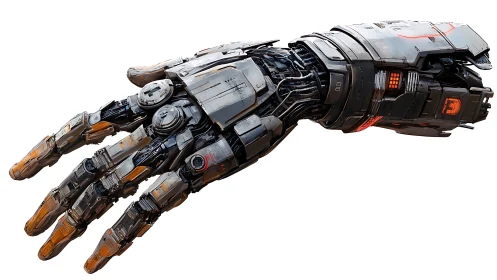 Cybernetic prosthetic hand with articulated mech joints extended