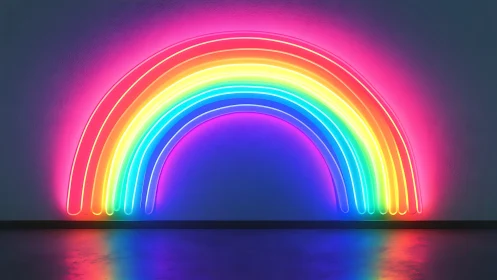 Neon rainbow arc glows over dark gallery concrete wall.