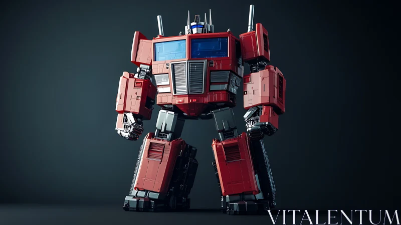 Bold red robot hero standing ready in cinematic lighting.