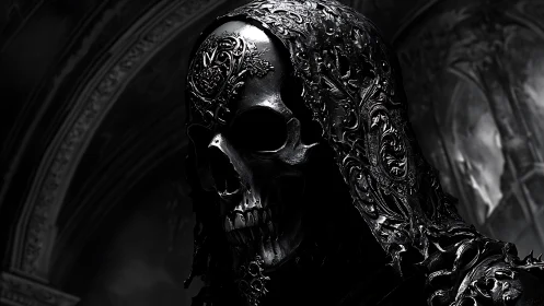 Ornate obsidian reaper cloaked in cathedral shadows.