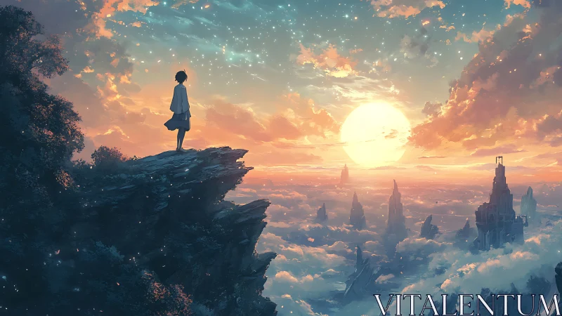 Solitary dreamer above luminous cloud kingdoms at dusk.