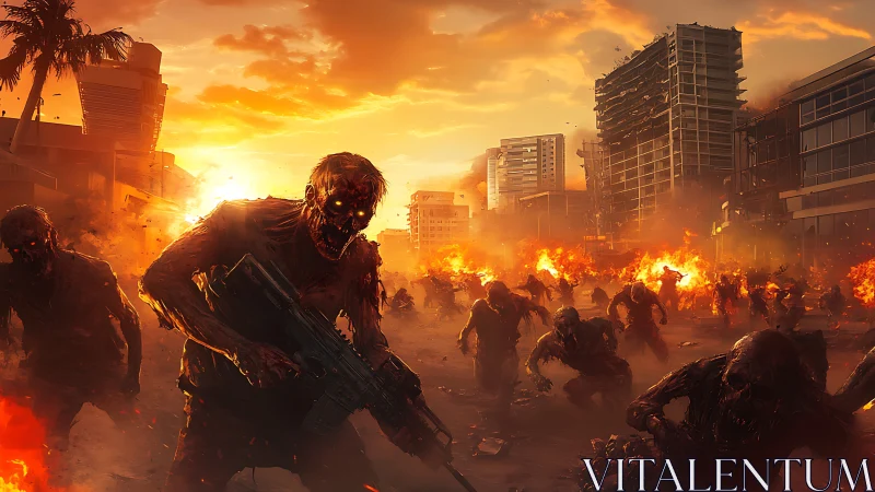 Sunset siege of the burning city streets, zombies advancing.
